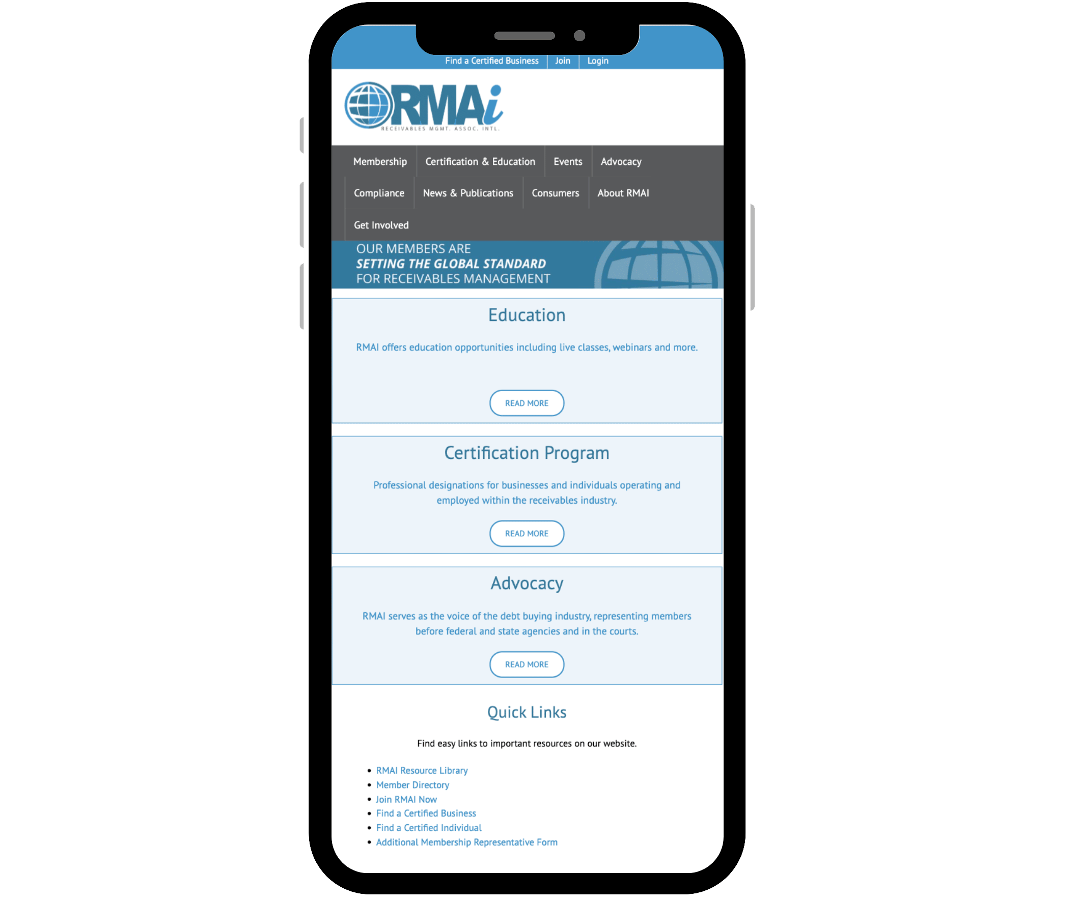 RMA International homepage on mobile