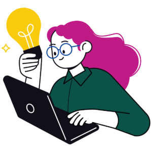 An individual holding a light bulb and looking at a laptop